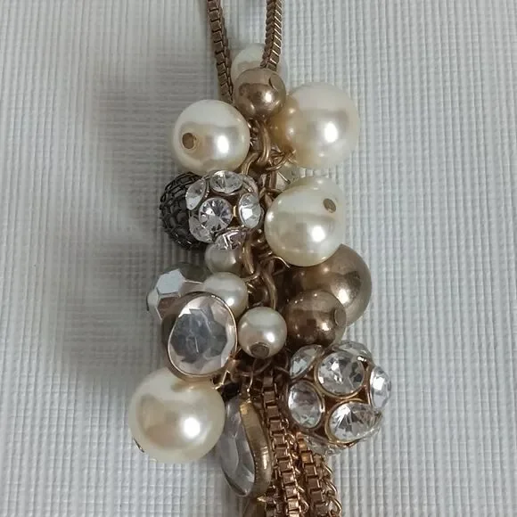 Gold Toned Faux Pearl Beaded Cluster Chain Tassels Statement Pendant Necklace - Picture 3 of 10